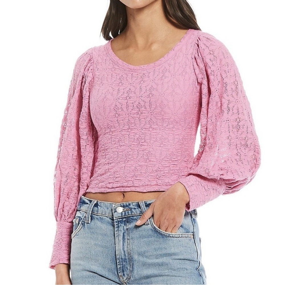 Free People Tea Time Blouse Size Large Pink Lace Open Back‎ Puff Sleeve NWT